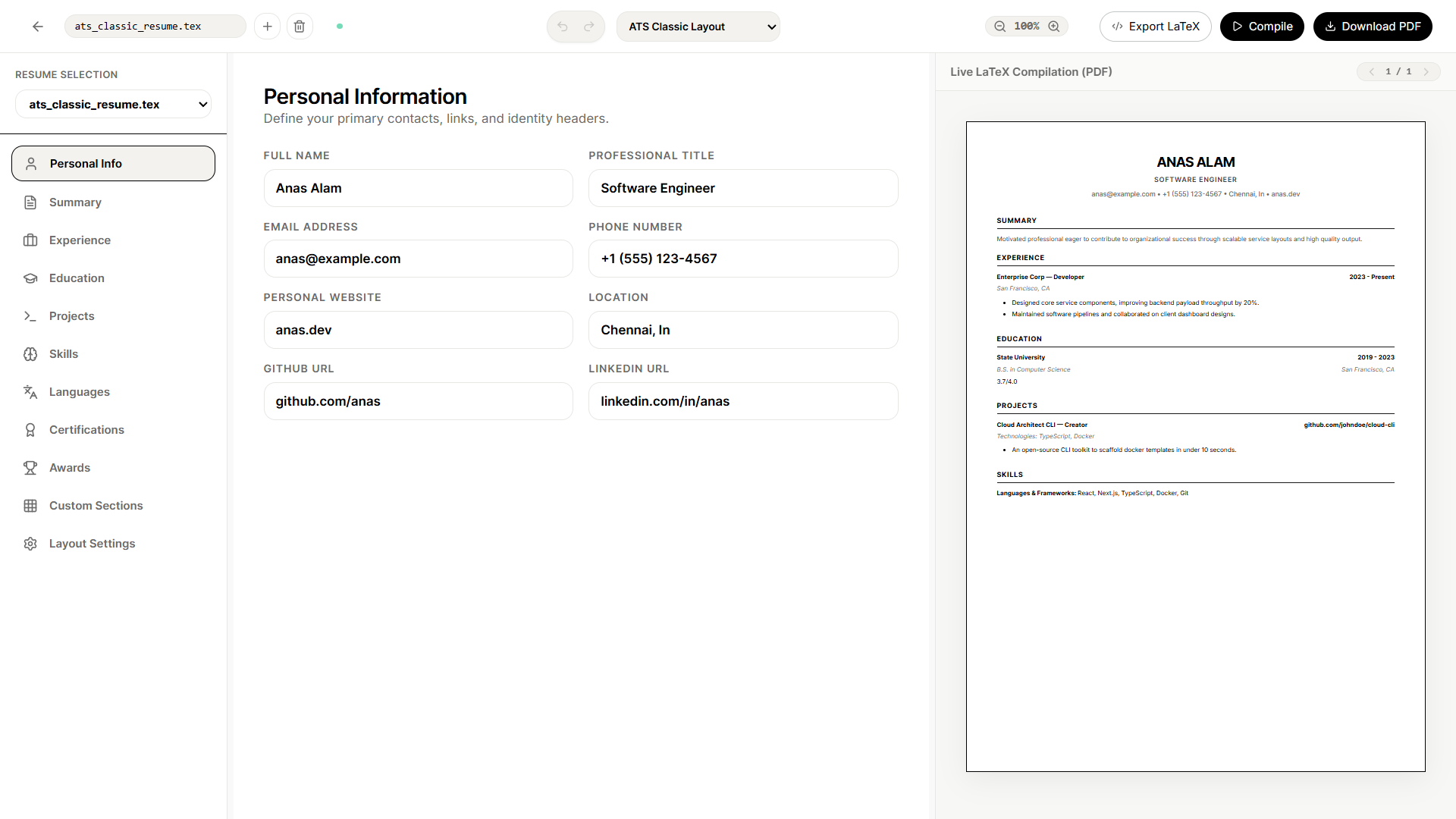 AuthoGent LaTeX Resume Editor Workspace displaying real-time compiler previews and drag-and-drop sections